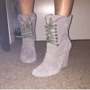 Betsey Johnson suede gray wedge booties